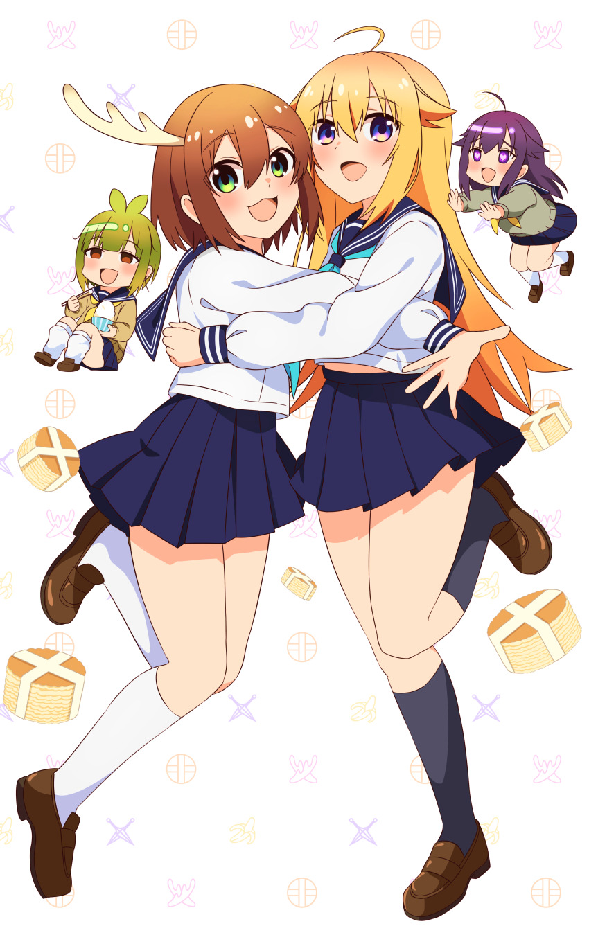absurdres antlers aqua_neckerchief bashame_meme blonde_hair blue_neckerchief blue_sailor_collar blush brown_hair deer deer_antlers deer_cracker deer_girl highres horns koshi_anko_(shikanoko) koshi_torako long_hair long_sleeves multiple_girls neckerchief open_mouth sailor_collar school_uniform serafuku shikanoko_noko shikanoko_nokonoko_koshitantan shirt short_hair skirt smile white_shirt yayoi_(dygk8777) yuri