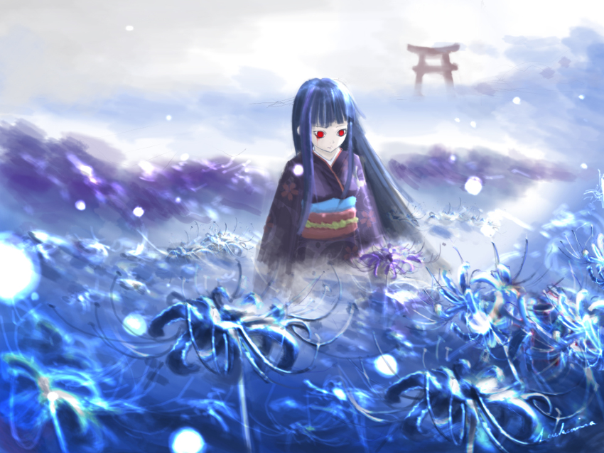 1girl black_hair blue_flower blue_spider_lily closed_mouth cloud commentary_request enma_ai floral_print floral_print_kimono flower highres hime_cut japanese_clothes jigoku_shoujo kimono leukeamia long_hair long_sleeves looking_down obi print_kimono red_eyes sash sidelocks solo spider_lily torii very_long_hair