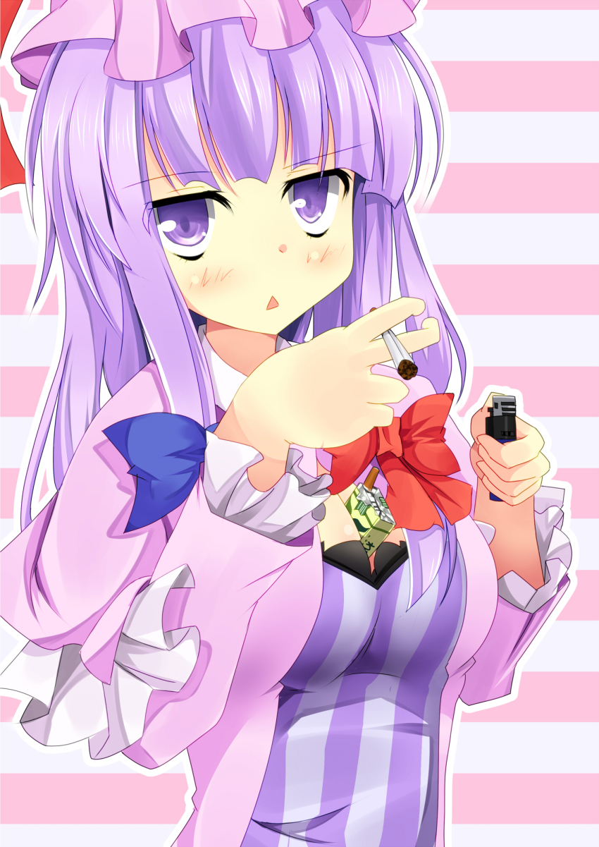 1girl between_breasts blue_bow blunt_bangs blush bow breasts cigarette cigarette_pack cleavage coat commentary_request cookie_(touhou) dress frilled_sleeves frills hair_bow hat highres holding holding_cigarette holding_lighter lighter long_hair long_sleeves looking_at_viewer medium_breasts mob_cap open_mouth patchouli_knowledge pink_background pink_coat pink_hat purple_dress purple_eyes purple_hair red_bow solo striped_background striped_clothes striped_dress szk taisa_(cookie) touhou triangle_mouth upper_body vertical-striped_clothes vertical-striped_dress white_background