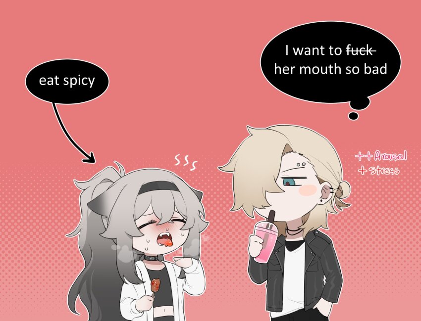 1boy 1girl black_collar black_jacket black_tank_top blonde_hair blue_eyes blush chibi closed_eyes collar cup degrees_of_lewdity disposable_cup english_text eyebrow_piercing food grey_hair hair_over_one_eye hand_in_pocket highres holding holding_food jacket kai_(drakkai10) long_hair looking_at_viewer open_clothes open_jacket open_mouth original piercing pink_background shirt shoya_(kai_(drakkai10)) speech_bubble tank_top thought_bubble tongue tongue_out white_jacket white_shirt whitney_(degrees_of_lewdity) whitney_(male)_(degrees_of_lewdity)