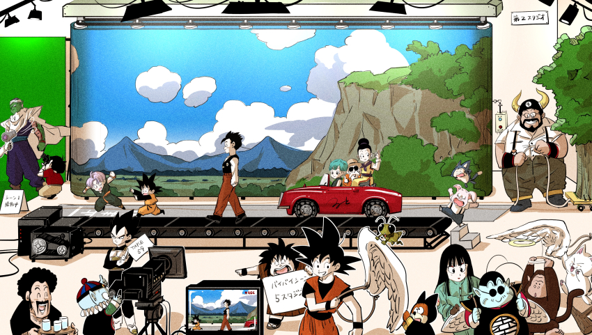 3girls 6+boys angel_wings aqua_hair black_hair bubbles_(dragon_ball) bulma cape chi-chi_(dragon_ball) colored_skin commentary_request crossed_arms dougi dragon_ball dragon_ball_(classic) dragonball_z fake_halo fake_wings green_skin gregory_(dragon_ball) gyuu_mao halo highres horns karin_(dragon_ball) long_hair mai_(dragon_ball) mr._satan multiple_boys multiple_girls muten_roushi north_kaiou oolong pants piccolo pilaf puar recording ruto830 shirt short_hair shuu_(dragon_ball) son_gohan son_goku son_goten standing sunglasses toei_animation trunks_(dragon_ball) turban vegeta vest walking white_cape wings yajirobe
