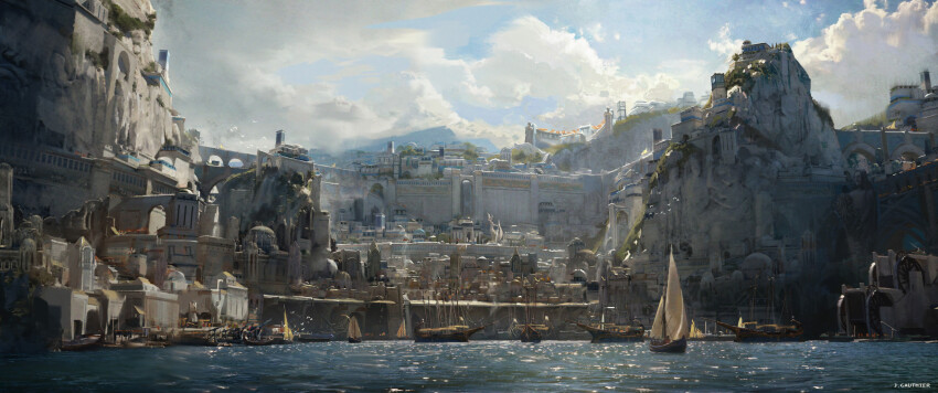 absurdres boat city cliff dock fantasy gate highres no_humans numenor official_art renart rings_of_power river sail scenery statue tolkien&#039;s_legendarium water watercraft watermark