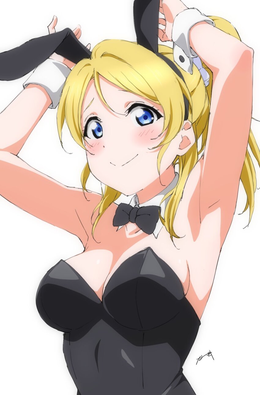 1girl animal_ears armpits arms_up ayase_eli bare_arms black_bow black_bowtie black_hairband black_leotard blonde_hair bow bowtie breasts cleavage detached_collar fake_animal_ears hair_intakes hairband highres leotard long_hair love_live! love_live!_school_idol_project medium_breasts nagi_mkrnpn playboy_bunny ponytail rabbit_ears simple_background solo strapless strapless_leotard upper_body white_background wing_collar wrist_cuffs