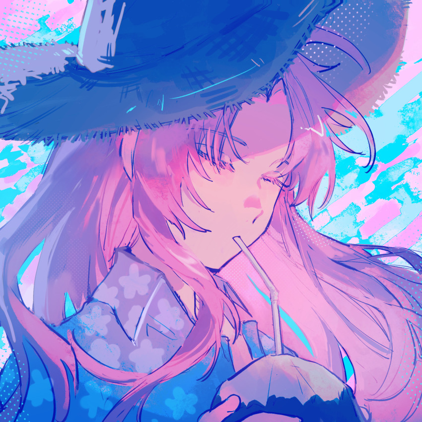 1boy blue_hat blue_shirt chinese_commentary closed_eyes collared_shirt colored_eyelashes commentary_request drinking hat hatsutori_hajime highres ling_zhiyun long_hair male_focus open_clothes open_shirt parted_bangs pink_hair portrait print_shirt saibou_shinkyoku shirt solo straw_hat