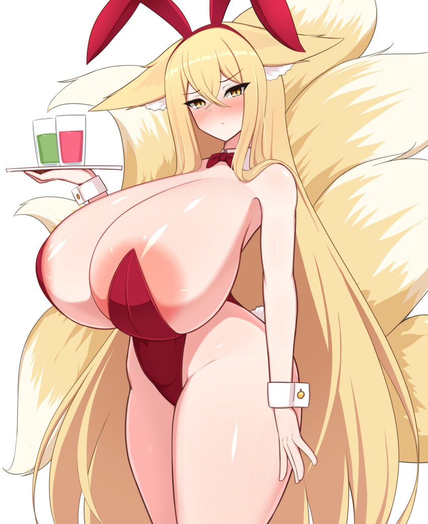 1girl animal_ear_fluff animal_ears areola_slip blonde_hair blush breasts closed_mouth cowboy_shot cup curvy detached_collar fake_animal_ears fake_tail fox_ears fox_girl fox_tail gigantic_breasts highres hirume_of_heavenly_incense holding holding_tray huge_areolae huge_breasts itntn kitsune kyuubi last_origin leotard looking_at_viewer multiple_tails playboy_bunny rabbit_ears rabbit_tail shiny_skin solo standing tail thick_thighs thighs tray white_background wide_hips wrist_cuffs yellow_eyes