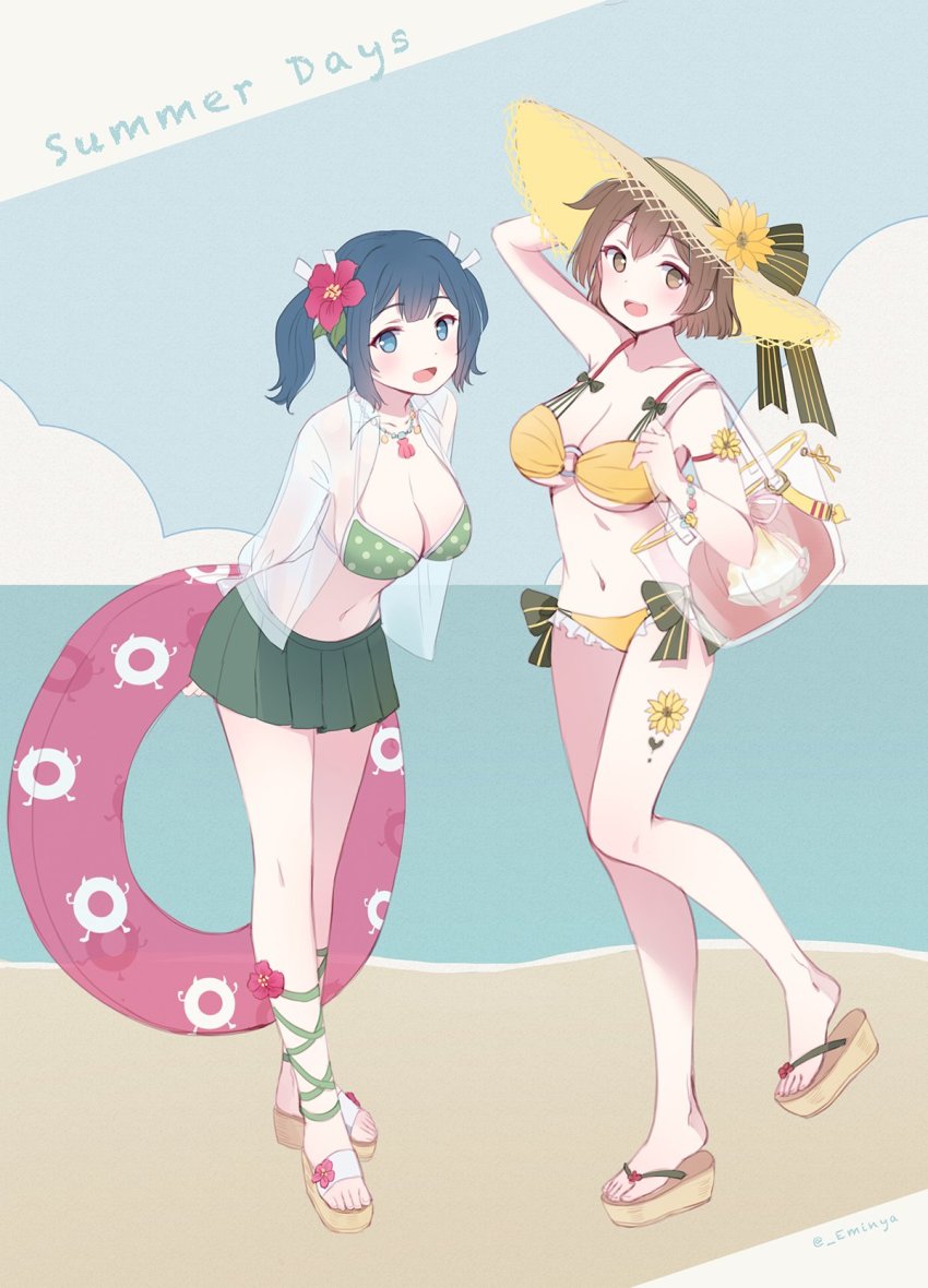 1girl bag bikini bikini_top_only blue_eyes blue_hair breasts brown_eyes brown_hair cleavage emia_wang enemy_lifebuoy_(kancolle) female_focus flip-flops full_body green_bikini green_skirt hat highres hiryuu_(kancolle) innertube kantai_collection looking_at_viewer medium_breasts open_mouth pleated_skirt polka_dot polka_dot_bikini polka_dot_bikini_top sandals short_hair side-tie_bikini_bottom skirt smile solo souryuu_(kancolle) straw_hat sun_hat swim_ring swimsuit twintails yellow_bikini