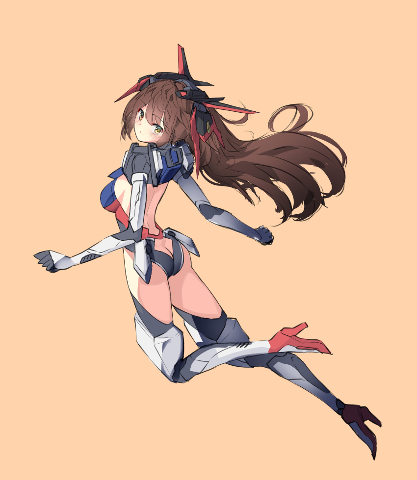 1girl aile_strike_gundam ass ass_cutout blush breasts brown_hair butt_crack clenched_hand clothing_cutout gundam gundam_seed highres i.takashi leotard long_hair mecha_musume medium_breasts armored_boots open_hand orange_hair personification sideboob smile solo thighhighs yellow_eyes
