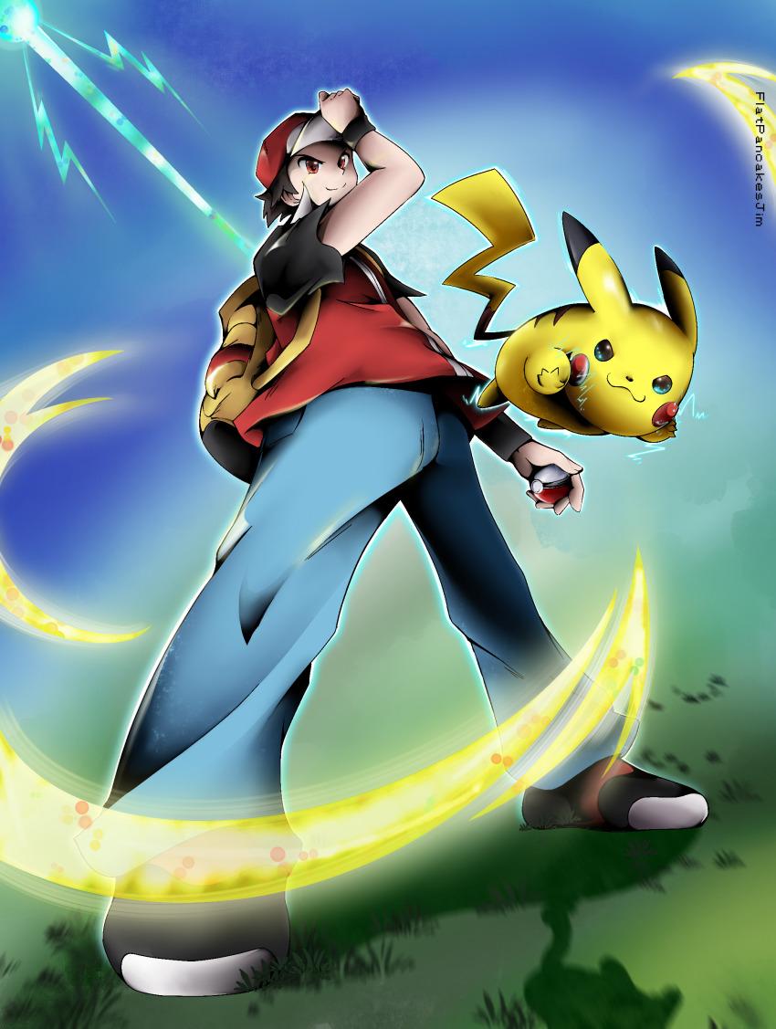 1boy absurdres brown_eyes brown_hair electricity flatpancakesjim gen_1_pokemon grin hat highres holding holding_unworn_clothes holding_unworn_hat jacket looking_at_viewer male_focus nintendo pikachu poke_ball pokemon pokemon_frlg red_(pokemon) red_(pokemon_frlg) smile unworn_hat unworn_headwear