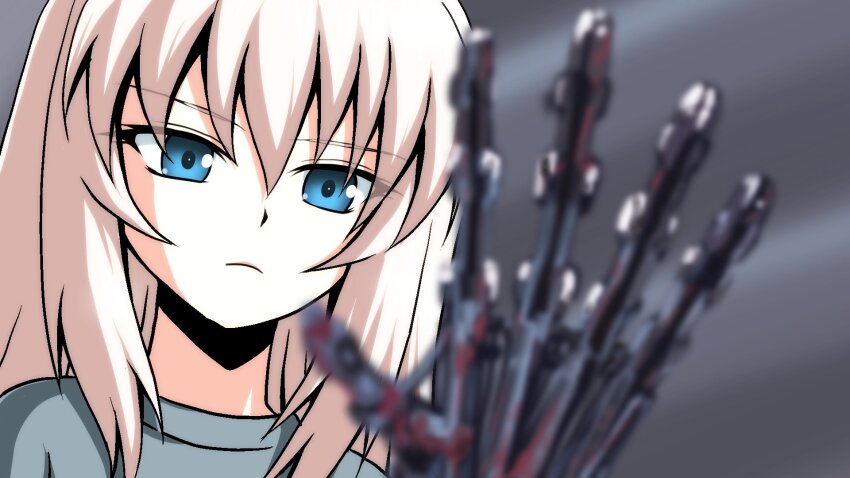 1girl android blonde_hair blue_eyes expressionless girls_und_panzer green_shirt highres itsumi_erika kamishima_kanon mechanical_arms mechabare shirt single_mechanical_arm terminator_(series) terminator_2:_judgment_day