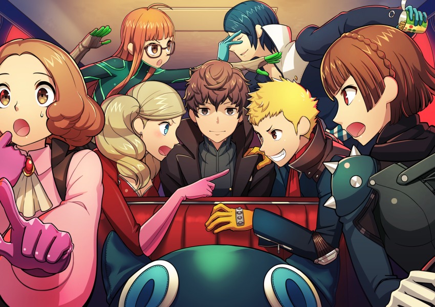 10s 3boys 4girls ahoge amamiya_ren blouse blunt_bangs braid car_interior crown_braid driving false_smile fox_(persona_5) kitagawa_yuusuke megami_tensei morgana_(persona_5) multiple_boys multiple_girls niijima_makoto noir_(persona_5) okumura_haru oracle_(persona_5) panther_(persona_5) persona persona_5 pink_shirt queen_(persona_5) sakamoto_ryuuji sakura_futaba shin_megami_tensei shirt shoulder_spikes skull_(persona_5) smile spikes stuffed_animal stuffed_toy takamaki_anne torio_(mocd1985)