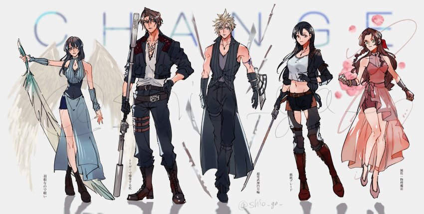 2boys 3girls aerith_gainsborough alternate_costume arm_up arm_warmers bare_shoulders bike_shorts black_gloves black_hair black_jacket black_pantyhose black_shorts black_vest blonde_hair blue_eyes boots breasts brown_eyes brown_hair chaps clenched_hands closed_mouth cloud_strife crop_top cropped_jacket crossed_legs dress feathers final_fantasy final_fantasy_vii final_fantasy_vii_advent_children final_fantasy_viii fingerless_gloves flats full_body gloves green_eyes gunblade hair_between_eyes hair_ribbon highres holding holding_feather holding_staff holding_weapon jacket jewelry large_breasts long_hair long_skirt medium_breasts midriff multiple_boys multiple_girls navel necklace pantyhose parted_bangs pink_dress pink_shoes ponytail red_ribbon ribbon rinoa_heartilly scar scar_on_face scar_on_forehead shio_ga shirt shoes short_hair short_shorts shorts shorts_under_dress side_slit sidelocks skirt sleeveless sleeveless_shirt smile spiked_hair squall_leonhart staff thigh_strap tifa_lockhart vest weapon weapon_switch white_shirt