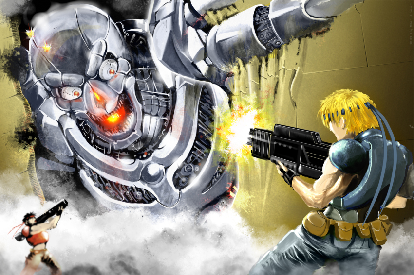 1990s_(style) 2boys armor bandana battle bill_rizer black_hair blonde_hair contra contra_iii_the_alien_wars daikaku_robot_big_fuzz epic fingerless_gloves firing gloves gun headband highres holding holding_gun holding_weapon konami lance_bean maher_al-samkari mecha modusprodukt monster multiple_boys muscular muzzle_flash pouch retro_artstyle robot rocket_launcher science_fiction skull vest weapon