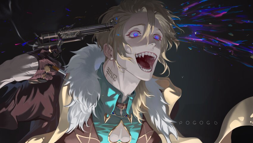 1boy aqua_shirt aventurine_(honkai:_star_rail) blonde_hair brown_gloves brown_jacket cigarette fur_trim gloves gun gun_to_head half_gloves highres holding holding_cigarette holding_gun holding_weapon honkai:_star_rail honkai_(series) jacket male_focus open_mouth pogogu purple_eyes shirt smile solo upper_body weapon