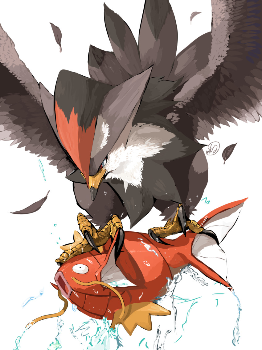 animal_focus bird brown_feathers carrying closed_mouth commentary_request feathers fish flying full_body gen_1_pokemon gen_4_pokemon grey_feathers highres magikarp nintendo no_humans open_mouth pokemon pokemon_(creature) predation red_eyes signature simple_background slit_pupils staraptor talons water wet white_background yunimaru