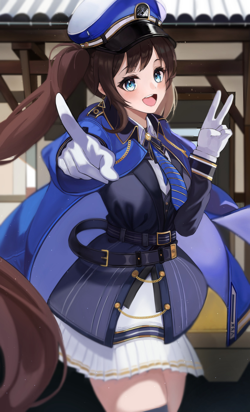 1girl :d absurdres belt black_belt black_coat blue_eyes blue_hat blue_necktie brown_hair building chadol_(okt8538) character_request coat collared_shirt commentary_request copyright_request cosplay diesel_(nikke) diesel_(nikke)_(cosplay) gloves goddess_of_victory:_nikke hat highres index_finger_raised korean_commentary long_hair long_sleeves multiple_belts necktie open_mouth original peaked_cap shirt skirt smile solo standing teeth thighs tongue twintails two-tone_hat upper_teeth_only v white_gloves white_hat white_shirt white_skirt