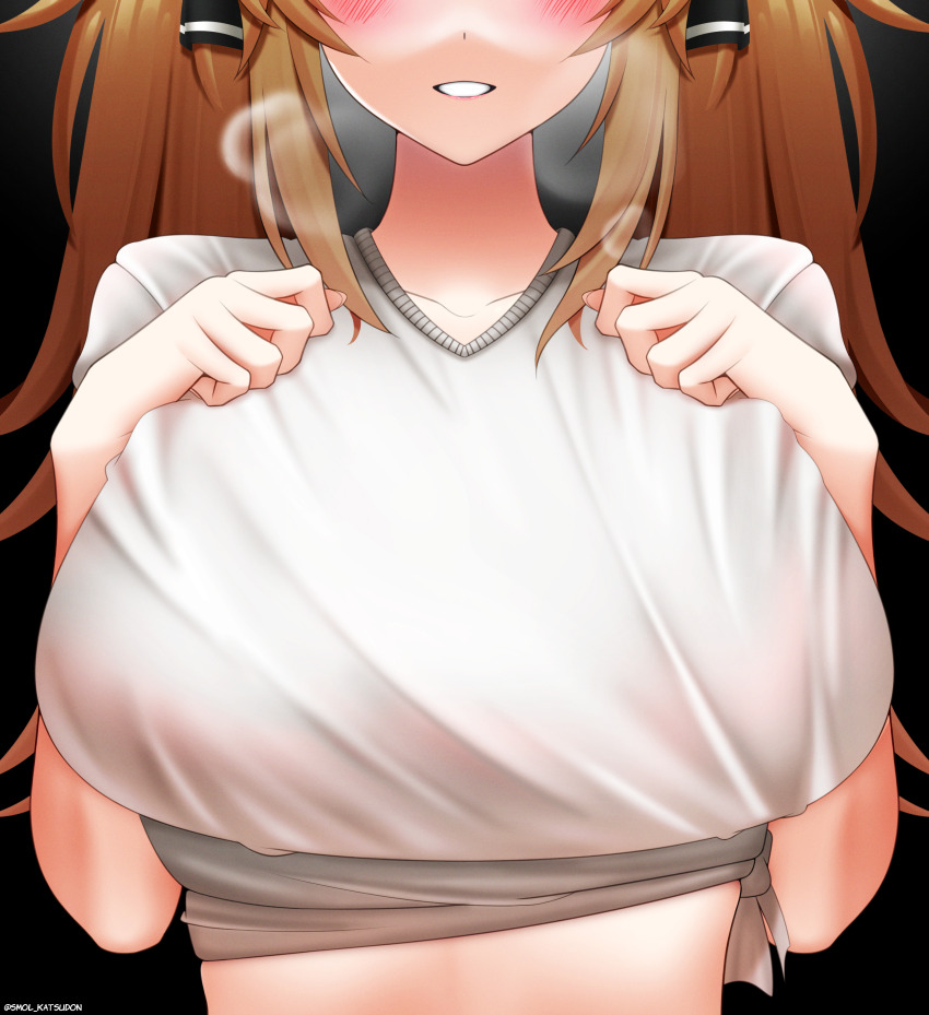 1girl 45sensei absurdres black_ribbon blush breasts brown_hair close-up english_text girls&#039;_frontline girls&#039;_frontline_2:_exilium grin hair_ribbon hand_on_own_chest hands_up head_out_of_frame highres large_breasts lenna_(girls&#039;_frontline_2) long_hair orange_hair ribbon smile solo textless_version twintails ump9_(girls&#039;_frontline) upper_body very_long_hair
