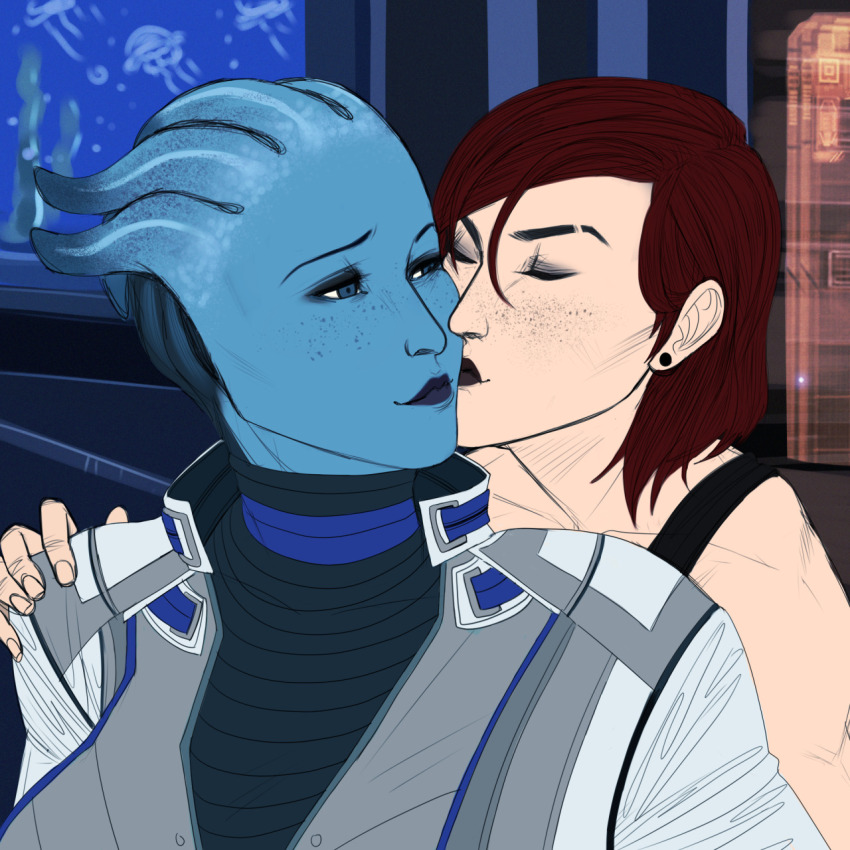 alien asari_(mass_effect) blue_skin colored_skin commander_shepard commander_shepard_(female) fish_tank freckles hand_on_another&#039;s_shoulder highres kissing_cheek liara_t&#039;soni mass_effect_(series) tumblr tumblr_username