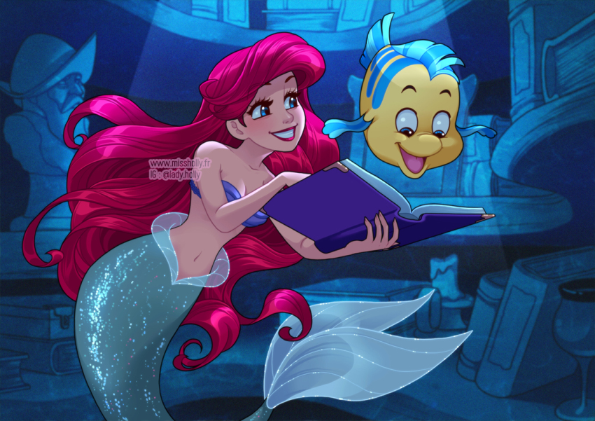 1girl ariel_(disney) artist_name bikini blue_eyes book breasts bust_(sculpture) candle cleavage cup drinking_glass fish flounder_(the_little_mermaid) green_tail holding holding_book holly_(missholly) instagram_username long_hair medium_breasts mermaid monster_girl open_book red_hair shell shell_bikini teeth the_little_mermaid_(disney) underwater watermark web_address wine_glass