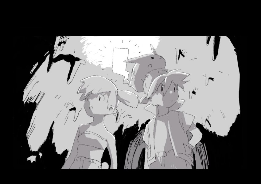1boy 1girl asymmetrical_hair baseball_cap breasts cave gen_1_pokemon gym_leader hands_in_pockets hat jacket looking_up misty_(pokemon) nintendo on_head pikachu pokemon pokemon_(anime) pokemon_(classic_anime) pokemon_(creature) pokemon_adventures pokemon_on_head pokemon_rgby ponytail red_(pokemon) shirt short_hair side_ponytail