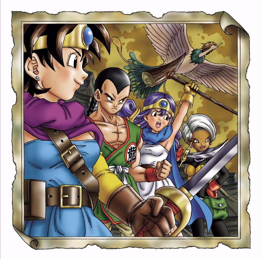 1boy 1other 3girls arm_up bag bead_necklace beads belt bird black_bodysuit black_eyes blue_cape blue_dress blue_eyes blue_gemstone bodysuit border braid breasts brown_belt brown_gloves brown_hair bustier cape circlet clenched_hand commentary_request curly_hair dagger dark-skinned_female dark_skin detached_sleeves dougi dragon_quest dragon_quest_iii dress earrings feet_out_of_frame floating_clothes floating_hair frown gem gloves gold_circlet hair_pulled_back heroine_(dq3) highres holding holding_dagger holding_knife holding_staff holding_sword holding_weapon jewelry knife looking_to_the_side martial_artist_(dq3) multiple_girls murakami_yumiko muscular muscular_male necklace official_alternate_design pink_lips profile purple_cape purple_hair ramia_(dq3) red_gloves roto_(dq3) sage_(dq3) short_hair shoulder_bag single_braid small_breasts spiked_hair staff strapless strapless_dress stud_earrings sword thief_(dq3) toriyama_akira_(style) weapon white_border white_dress white_hair widow&#039;s_peak yellow_bustier yellow_gloves yellow_sleeves