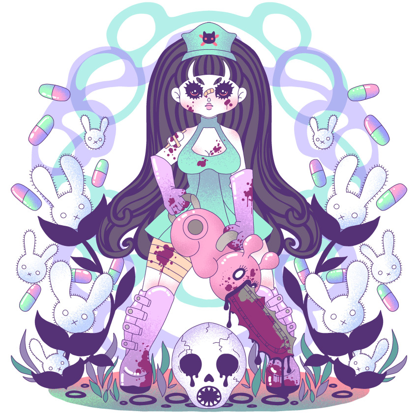 1girl absurdres angryoldthing black_hair blood blood_splatter bloody_weapon blue_dress boots breasts chainsaw cleavage dress full_body gloves highres holding holding_chainsaw long_hair medium_breasts nurse pill pink_eyes pure_trance purple_boots purple_gloves rabbit simple_background skull solo standing suzuki_kaori_(pure_trance) thick_eyelashes trance_(music) weapon white_background