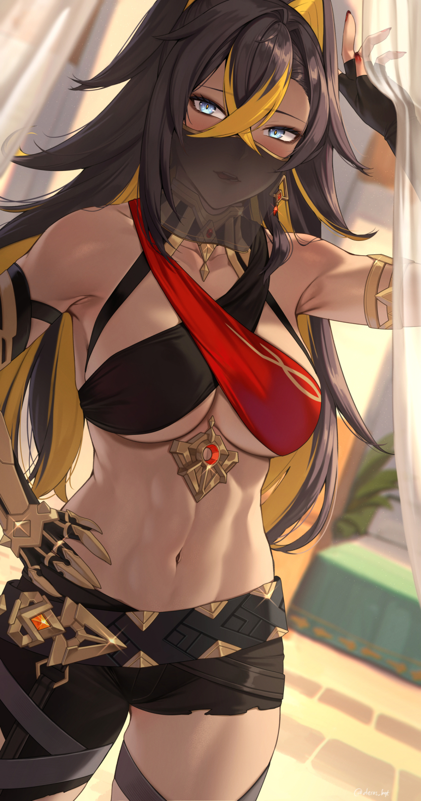 1girl abs asymmetrical_clothes bare_shoulders belt black_gloves black_hair black_pants blonde_hair blue_eyes breasts bright_pupils brown_hair collarbone criss-cross_halter crossed_bangs dark-skinned_female dark_skin dehya_(genshin_impact) deras earrings elbow_gloves fingerless_gloves gauntlets genshin_impact gloves hair_between_eyes hair_intakes halterneck hand_on_own_hip highres jewelry large_breasts long_hair looking_at_viewer mouth_veil multicolored_hair navel neck_ring open_mouth pants single_gauntlet single_pantsleg smile solo standing stomach streaked_hair thighs two-tone_hair variant_set veil white_pupils