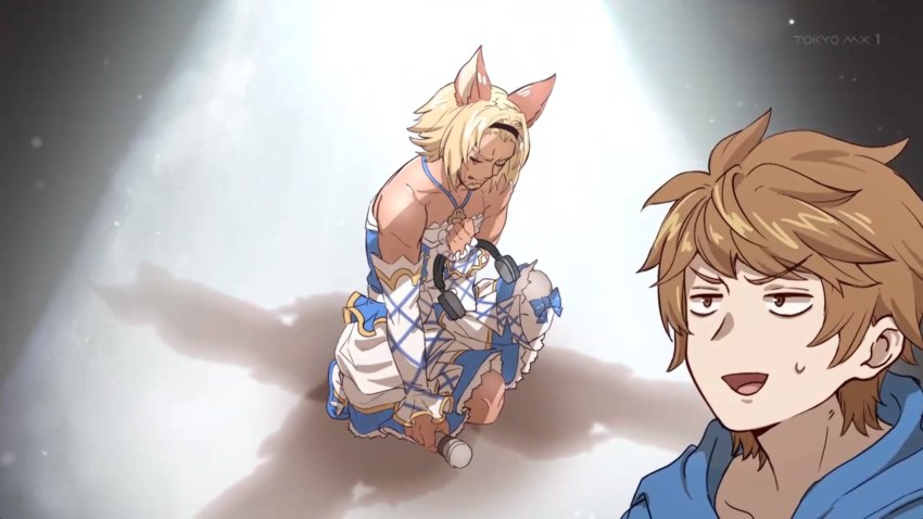 2boys animal_ears anime_screenshot blonde_hair brown_eyes brown_hair closed_eyes crossdressing dark-skinned_male dark_skin erune facial_hair gloves gran_(granblue_fantasy) granblue_fantasy highres idol_clothes kimi_to_boku_no_mirai lowain_(granblue_fantasy) male_focus multiple_boys official_art short_hair simple_background spotlight white_gloves
