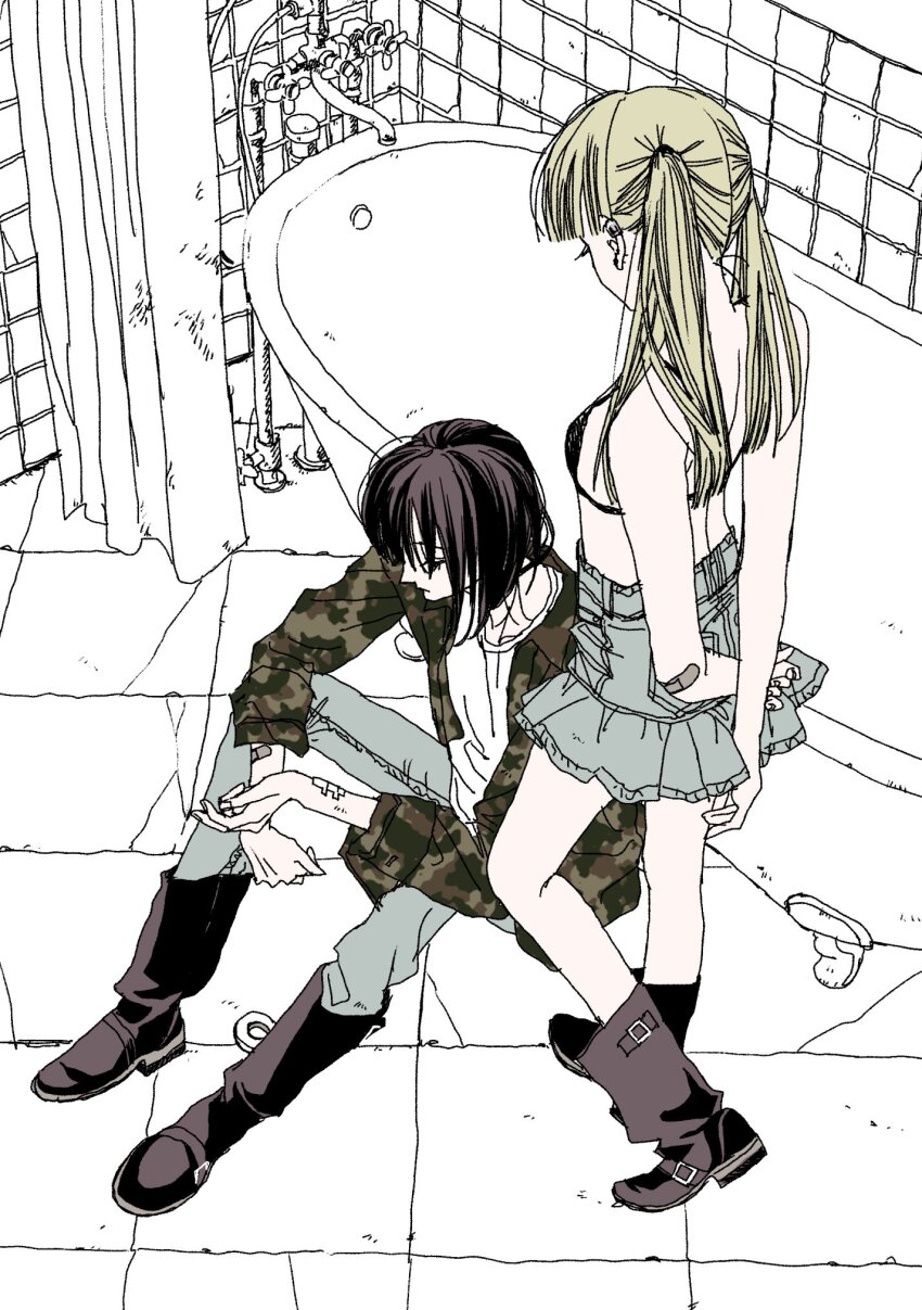 2girls bad_link bathroom bathtub bdsm black_hair blonde_hair bondage boots bound bra denim highres jacket jeans medium_hair miniskirt multiple_girls nui_nakato original pants short_hair sitting skirt twintails underwear
