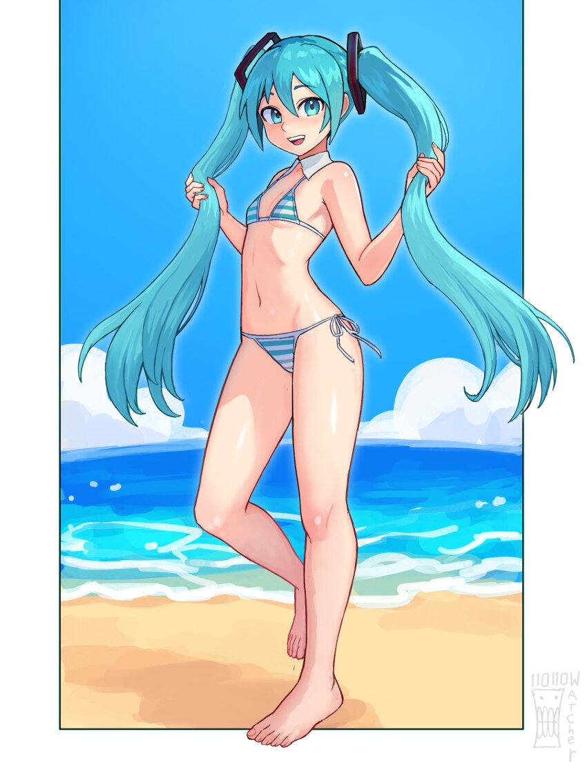 1girl :d absurdres aqua_eyes aqua_hair artist_name bare_arms bare_legs bare_shoulders barefoot beach bikini blue_sky blush cloud commentary day feet flat_chest groin hair_between_eyes hatsune_miku highres holding holding_own_hair long_hair looking_at_viewer navel open_mouth outdoors red_pupils sand side-tie_bikini_bottom sky smile solo stomach striped_bikini striped_clothes swimsuit teeth upper_teeth_only very_long_hair vocaloid watcher_hollow water