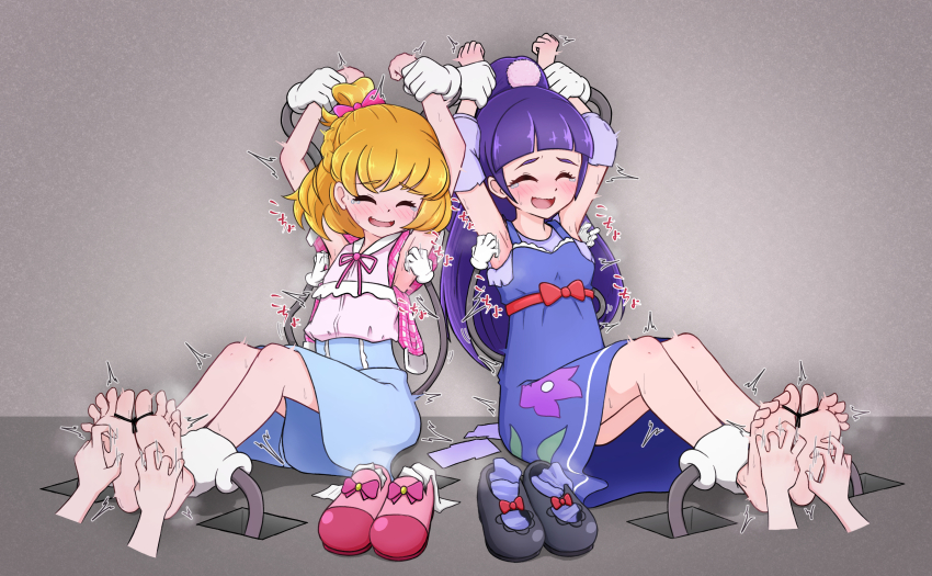 2girls ^_^ absurdres arms_up asahina_mirai barefoot blue_shorts blunt_bangs blush bound bound_toes bound_wrists bow breasts clenched_hands closed_eyes commentary disembodied_hand dot_nose dress dress_over_shirt empty_room feet floral_print floral_print_dress folded_braid footwear_bow frilled_shirt frills full_body grabber_tool hair_bow hair_ornament high_ponytail highres indoors izayoi_liko laughing long_hair long_sleeves mahou_girls_precure! medium_hair multiple_girls neck_ribbon one_side_up open_mouth pinafore_dress pink_bow pink_ribbon pink_shirt pink_shoes plaid_clothes plaid_sleeves pom_pom_(clothes) pom_pom_hair_ornament ponytail precure puffy_short_sleeves puffy_sleeves purple_hair purple_shirt purple_socks red_bow ribbon shirt shirt_tucked_in shoes short_sleeves shorts sitting sleeveless sleeveless_dress small_breasts smile socks soles spread_toes tearing_up tears three-quarter_sleeves tickle_torture tickling tickling_armpits tickling_feet tk_(t-k) toe_scrunch toes torn_clothes torn_sleeves unworn_shoes unworn_socks waist_bow wavy_mouth white_socks