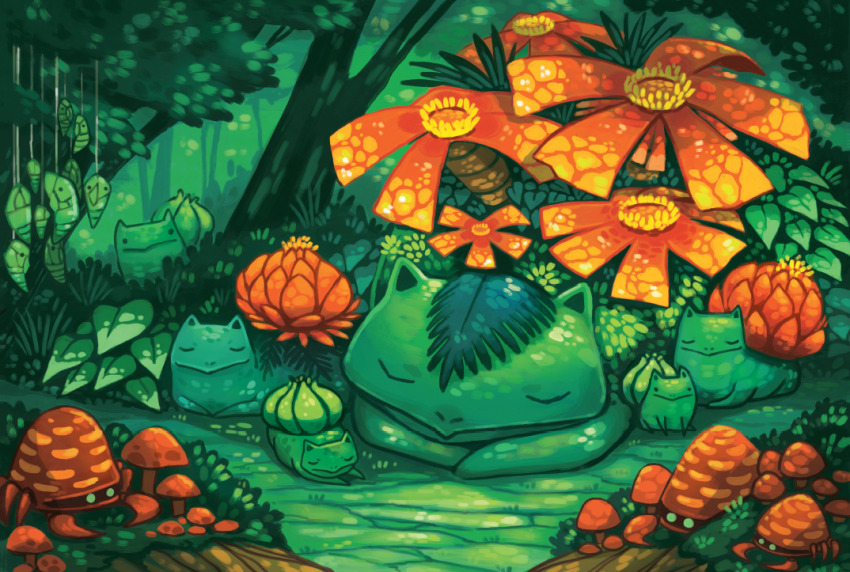 bulbasaur closed_mouth commentary english_commentary forest full_body game_freak gen_1_pokemon green_theme ivysaur kakuna michellescribbles moss mushroom nature nintendo no_humans outdoors parasect pokemon pokemon_(creature) sleeping venusaur