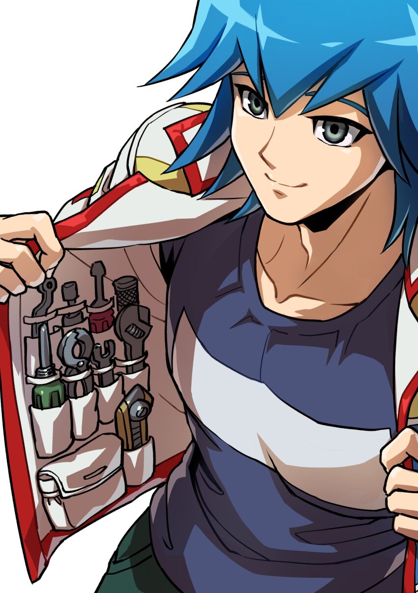 1boy absurdres blue_hair blue_shirt bruno_(yu-gi-oh!) clothes_pull collarbone commentary_request grey_eyes highres jacket looking_up male_focus open_clothes open_jacket pants shirt short_hair simple_background smile solo tools upper_body utility_vest vest white_background white_jacket youko-shima yu-gi-oh! yu-gi-oh!_5d&#039;s