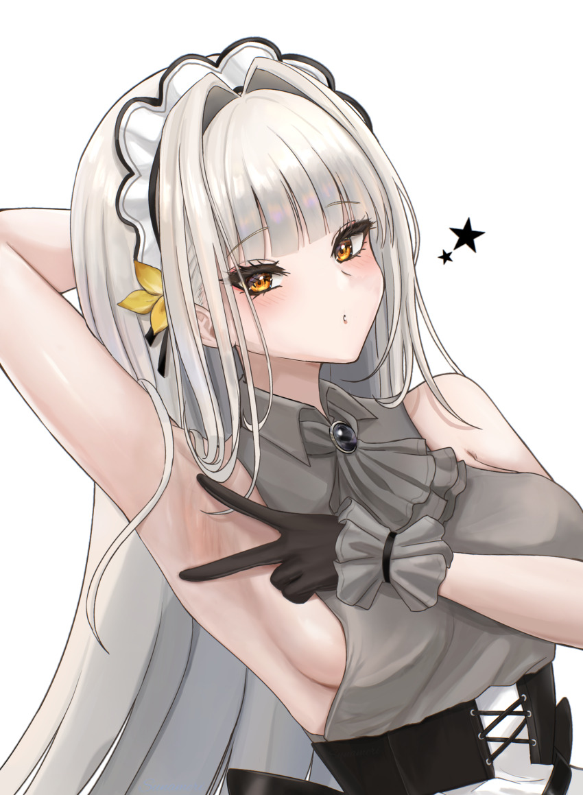 1girl absurdres apron arm_behind_head arm_up armpit_focus armpits bare_shoulders black_gloves blanc_(nikke) breasts brown_eyes closed_mouth commentary_request gloves goddess_of_victory:_nikke grey_hair grey_shirt hair_intakes highres long_hair looking_at_viewer maid maid_headdress medium_breasts shirt sideboob simple_background sleeveless sleeveless_shirt solo spread_armpit star_(symbol) sunameri_(pixiv3564245) upper_body very_long_hair waist_apron white_apron white_background