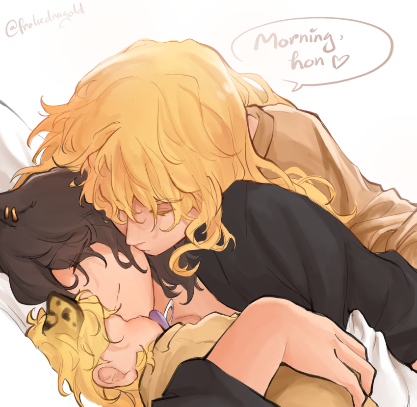 3girls animal_ears black_shirt blake_belladonna blonde_hair brown_shirt cat_ears closed_eyes closed_mouth commentary english_commentary english_text frolicdragold heart highres if_they_mated kiss kissing_cheek long_sleeves mother_and_daughter multiple_girls rwby science_babies shirt simple_background sleeping smile speech_bubble white_background yang_xiao_long yuri