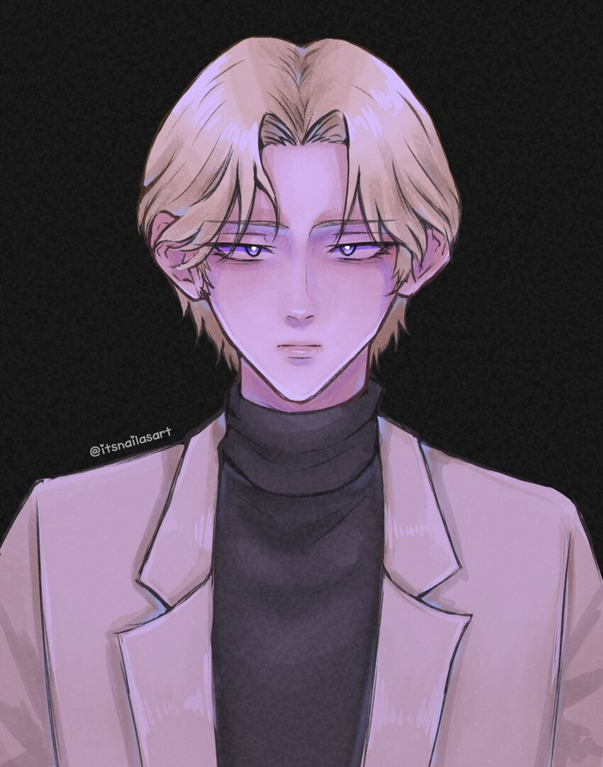 1boy black_background blonde_hair blue_eyes brown_hair commentary english_commentary expressionless highres itsnailasart johan_liebert male_focus monster_(manga) solo turtleneck twitter_username upper_body