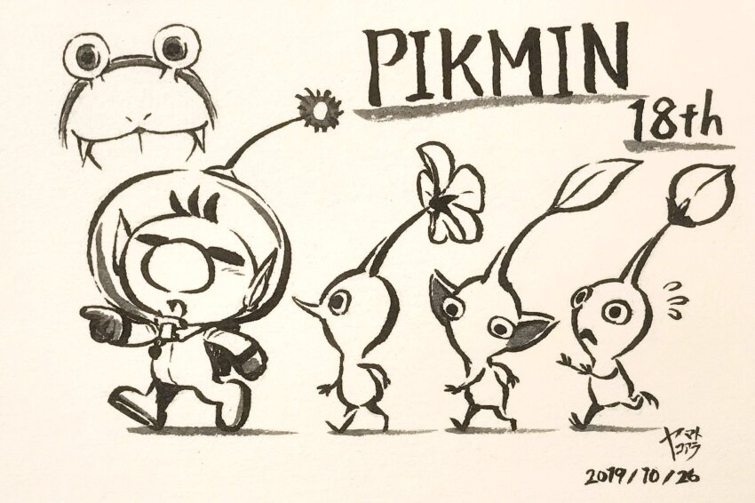 1boy alien anniversary backpack bag big_nose blue_pikmin blush_stickers bud bulborb buttons clenched_hand closed_eyes commentary_request copyright_name dated fangs flower flying_sweatdrops following gloves helmet highres ink_(medium) leaf leg_up monochrome nintendo no_mouth olimar open_mouth pikmin_(creature) pikmin_(series) pointing pointing_forward pointy_ears pointy_nose radio_antenna red_pikmin shadow short_hair signature single_blush_sticker space_helmet spacesuit traditional_media triangle_mouth very_short_hair whistle yamato_koara yellow_pikmin