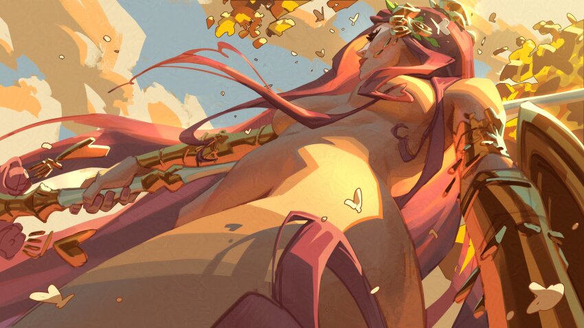 1girl absurdres adversarial_noise aphrodite_(hades) blue_sky breasts bug butterfly closed_mouth cloud cloudy_sky completely_nude eyelashes foreshortening from_below gold_vambraces hades_(series) hades_2 hair_ornament hairclip highres holding holding_staff insect jeremy_anninos long_hair looking_to_the_side medium_breasts nude outdoors pink_hair red_eyes sky solo staff vambraces very_long_hair white_butterfly