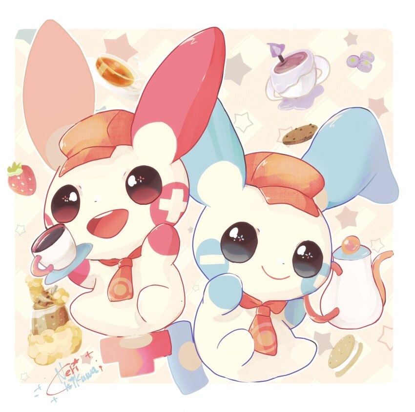 animal_focus banchiku blue_eyes blueberry coffee coffee_mug cookie creatures_(company) cup food fruit game_freak gen_3_pokemon hat highres hot_chocolate milkshake minun mug necktie nintendo no_humans plusle pokemon pokemon_(creature) pokemon_cafe_remix red_eyes red_hat red_necktie smile strawberry tea teacup teapot
