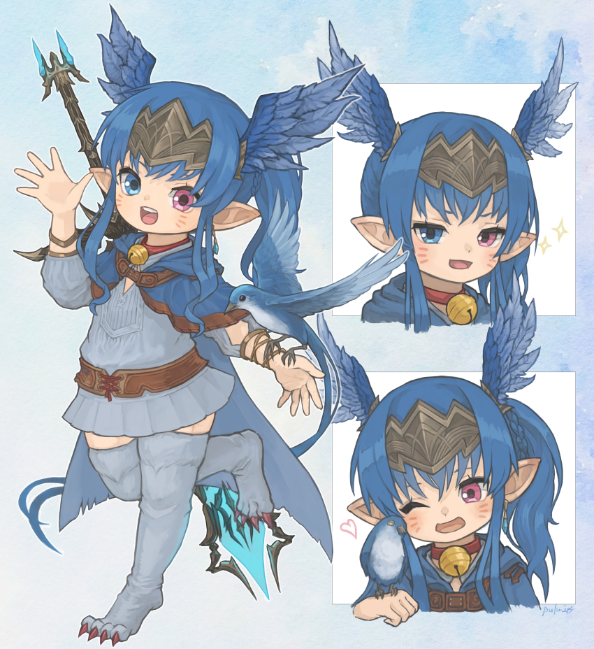 1girl bell bird bird_legs bird_on_hand blue_background blue_cape blue_eyes blue_hair blue_tunic boots cape center_opening cheek_press commission cropped_torso earrings facial_mark fake_head_wings final_fantasy final_fantasy_xiv flat_chest full_body greatsword grin heart heterochromia highres jewelry jingle_bell lalafell long_bangs long_hair looking_at_viewer multiple_views neck_bell one_eye_closed paw_shoes pink_eyes pointy_ears puluie signature smile standing standing_on_one_leg sword sword_on_back teeth thigh_boots thighhighs tunic upper_teeth_only walking warrior_of_light_(ff14) waving weapon weapon_on_back whisker_markings zettai_ryouiki