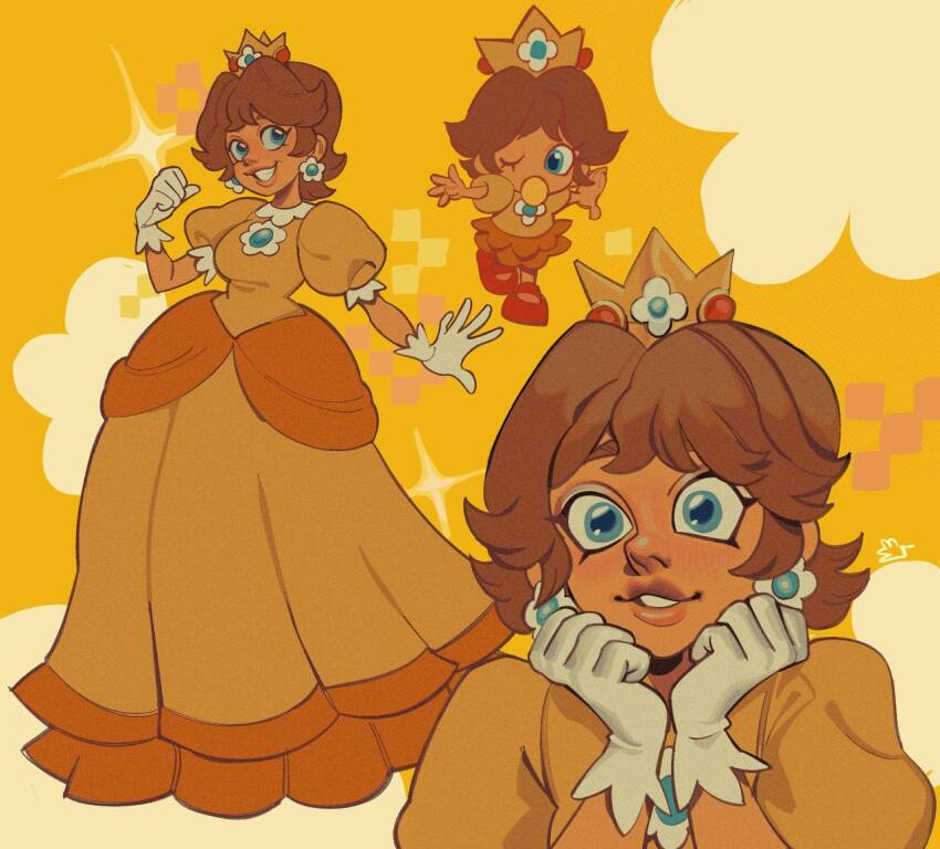 1girl alternate_skin_color baby_daisy blue_eyes brown_hair crown dark-skinned_female dark_skin dress dual_persona earrings flower_earrings gloves grin jewelry mario_(series) matios_felis multiple_views nintendo one_eye_closed orange_dress princess_daisy puffy_short_sleeves puffy_sleeves short_hair short_sleeves smile white_gloves