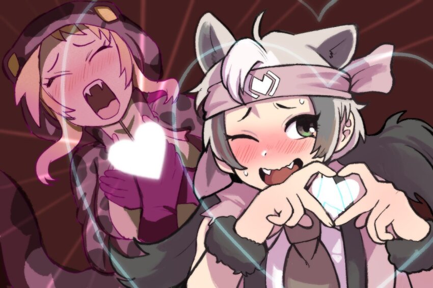 2girls african_rock_python_(kemono_friends) animal_ears bare_shoulders bear_ears bear_girl black_fur black_gloves blonde_hair blush brown_hair brown_necktie closed_eyes embarrassed extra_ears ezo_brown_bear_(kemono_friends) fangs fur_trim gloves green_eyes grey_hair hair_between_eyes hairband heart heart_hands hood hoodie igarashi_(nogiheta) kemono_friends long_sleeves multicolored_hair multiple_girls necktie one_eye_closed open_mouth pink_hair pink_hairband print_hoodie shirt short_hair sidelocks sleeveless snake_girl snake_print snake_tail tail turtleneck white_shirt