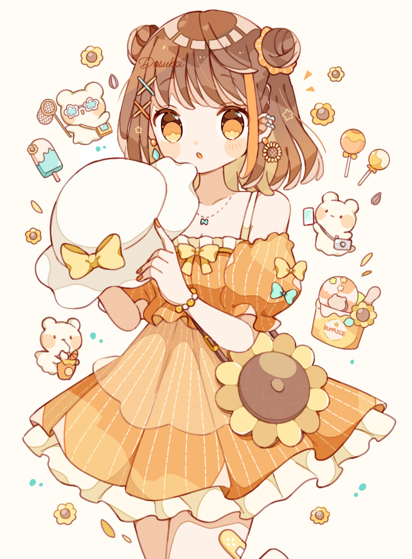 1girl :o bare_shoulders bear blush_stickers brown_hair commentary cowboy_shot double_bun dress earrings flower food frilled_dress frills hair_bun hair_ornament hat highres holding holding_unworn_clothes holding_unworn_hat jewelry nagihoko necklace off-shoulder_dress off_shoulder open_mouth orange_dress orange_eyes original popsicle short_hair short_sleeves simple_background solo striped_clothes striped_dress sunflower unworn_hat unworn_headwear white_hat x_hair_ornament yellow_background