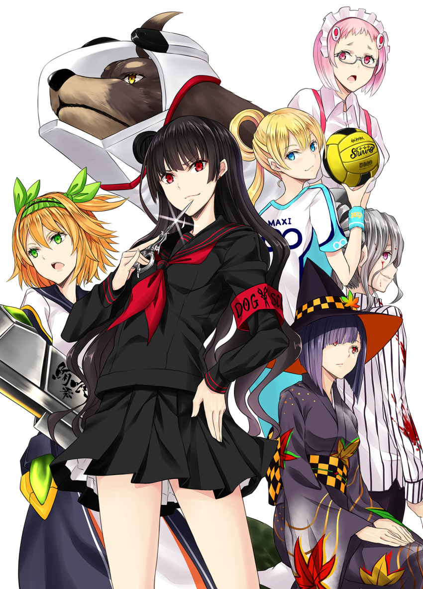 6+girls akizuki_maxi armband ball black_hair black_headwear black_serafuku black_skirt blonde_hair blue_eyes blunt_bangs breasts dachshund dog earrings glasses green_eyes green_hairband hair_between_eyes hair_rings hairband hands_on_own_thighs harumi_kazuhito harumi_madoka hat headdress highres hiiragi_suzuna hime_cut himehagi_momiji holding holding_scissors inu_to_hasami_wa_tsukaiyou japanese_clothes jewelry kimono layered_skirt leaf long_hair long_sleeves looking_away looking_back looking_to_the_side maple_leaf medium_breasts miniskirt multiple_girls nabeshima_tetsuhiro natsuno_kirihime novel_illustration obi official_art oosawa_hami orange_hair pink_hair pleated_skirt print_kimono profile purple_hair red_armband red_eyes red_neckwear sash school_uniform scissors semi-rimless_eyewear serafuku short_hair short_sleeves sidelocks silver_hair simple_background sitting skirt small_breasts smile sportswear standing striped stud_earrings teeth under-rim_eyewear upper_teeth_only vertical_stripes very_long_hair waitress white_background witch_hat wristband