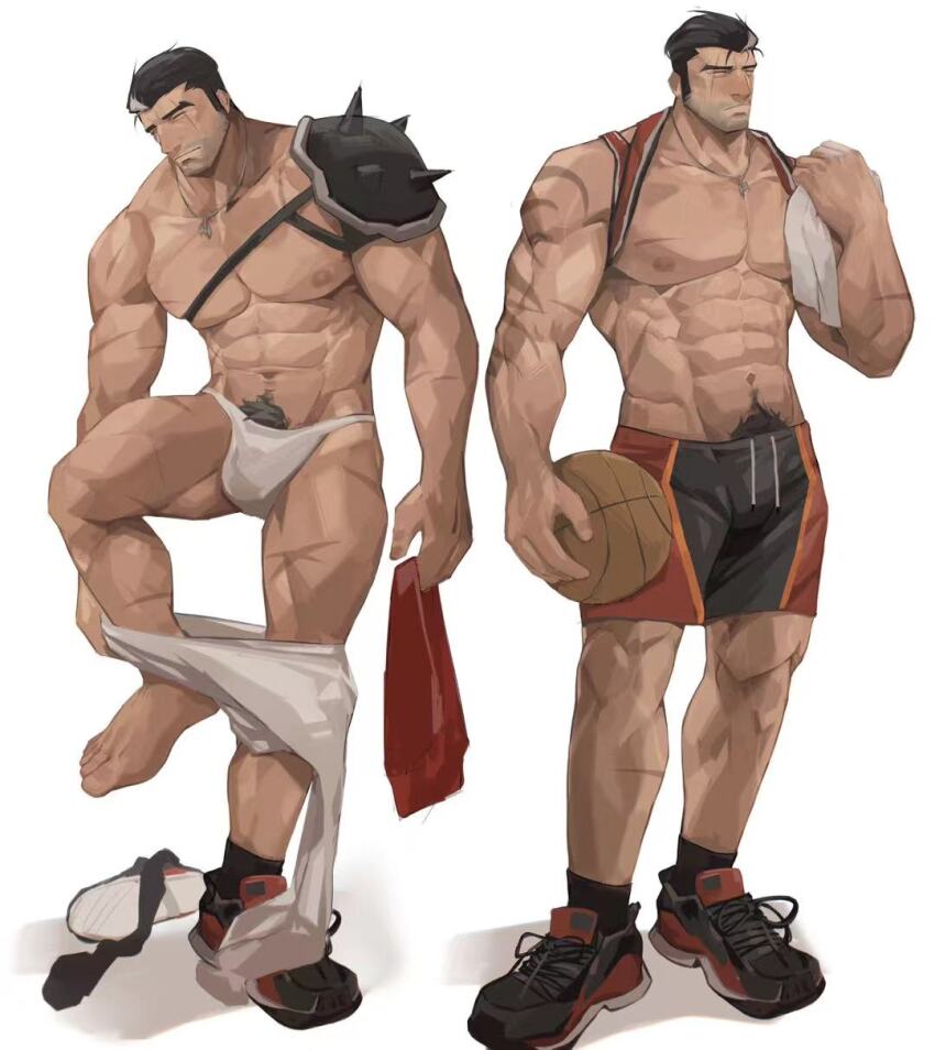 1boy abs alternate_costume armor bara beard beard_stubble biceps black_hair bulge closed_eyes clothes_lift darius_(league_of_legends) dunkmaster_darius facial_hair highres league_of_legends lixiao6342 male_focus male_underwear manly mature_male muscular muscular_arms muscular_legs muscular_male nipples official_alternate_costume pectorals pubic_hair scar shirt_lift shoes shorts shoulder_armor sneakers socks solo spiked_armor stubble tank_top thick_eyebrows thighs underwear white_background white_hair