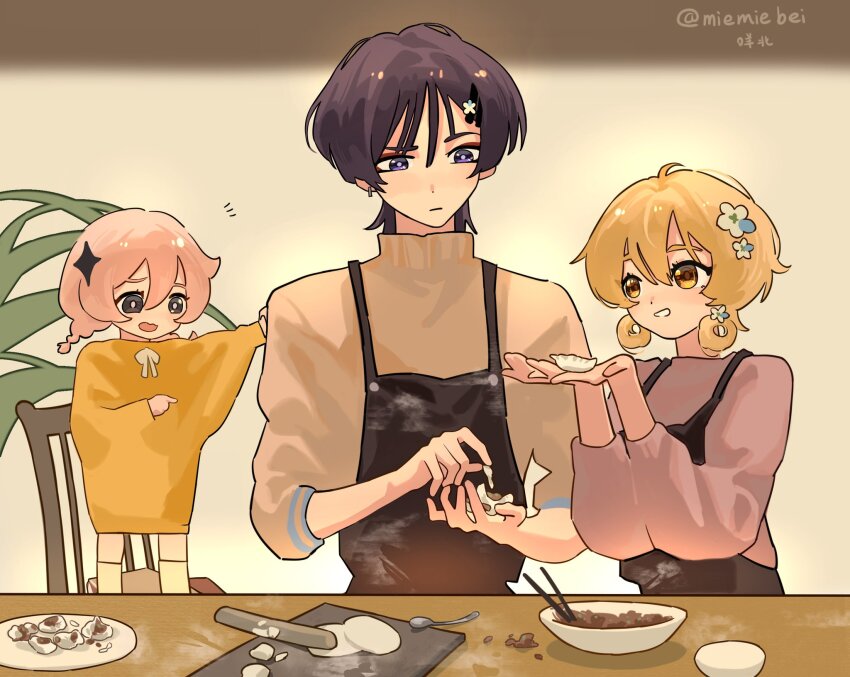 1boy 2girls alternate_costume alternate_hair_length alternate_hairstyle apron arm_up black_apron black_eyes blonde_hair blue_flower blue_trim blunt_ends braided_twintails bright_pupils brown_shirt brown_sleeves casual chair chopsticks closed_mouth contemporary cooking diamond_hair_ornament double-parted_bangs dough dumpling earrings eyelashes eyeliner eyeshadow flower food genshin_impact hair_between_eyes hair_flower hair_ornament hands_up height_difference highres indoors jewelry kneading_dough long_hair looking_at_another looking_at_food looking_at_hands looking_down low-tied_hair_ring low_twintails lumine_(genshin_impact) makeup miemiebei multicolored_flower multiple_girls open_hands open_mouth outstretched_arm paimon_(genshin_impact) pink_hair pink_shirt pink_sleeves plate pointing pointing_at_another purple_eyes purple_hair raised_eyebrow red_eyeliner red_eyeshadow ribbed_collar scaramouche_(genshin_impact) shirt spoon tareme three-quarter_sleeves tsurime twintails twitter_username white_flower white_mouth white_pupils yellow_eyes yellow_shirt