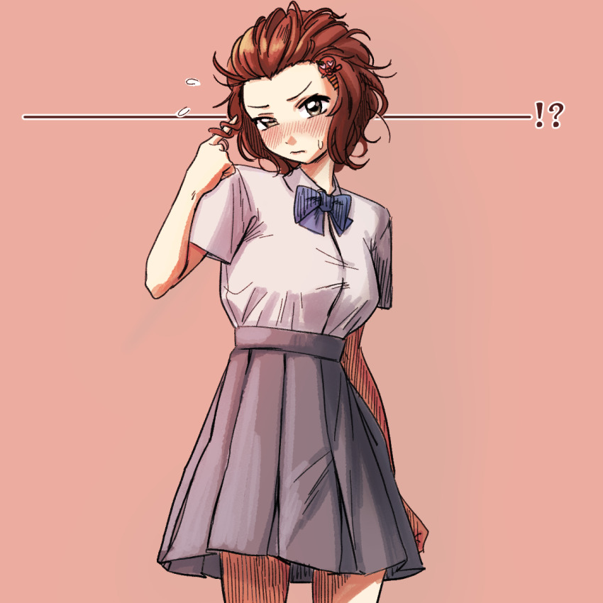 1girl blush breasts cowboy_shot flying_sweatdrops forehead hair_slicked_back high-waist_skirt highres hobgoblin-kim idolmaster idolmaster_cinderella_girls looking_at_viewer medium_breasts namba_emi pleated_skirt red_hair school_uniform shirt short_sleeves simple_background skirt solo sweatdrop white_shirt