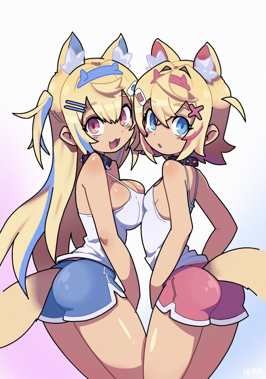 2girls :d animal_ear_fluff animal_ears artist_name ass bare_arms bare_shoulders blonde_hair blue_background blue_eyes blue_hair blue_shorts blush_stickers breasts camisole cleavage collar commentary cowboy_shot crossed_bangs dog_ears dog_girl dog_tail dot_nose fang from_behind fruithead fuwawa_abyssgard gradient_hair hair_ornament hairpin highres hololive hololive_english large_breasts legs_together long_hair looking_at_viewer looking_back multicolored_hair multiple_girls open_mouth parted_lips pink_background pink_eyes pink_hair pink_shorts short_hair short_shorts shorts siblings sisters skin_fang small_breasts smile spiked_collar spikes standing straight_hair tail two-tone_hair white_background white_camisole
