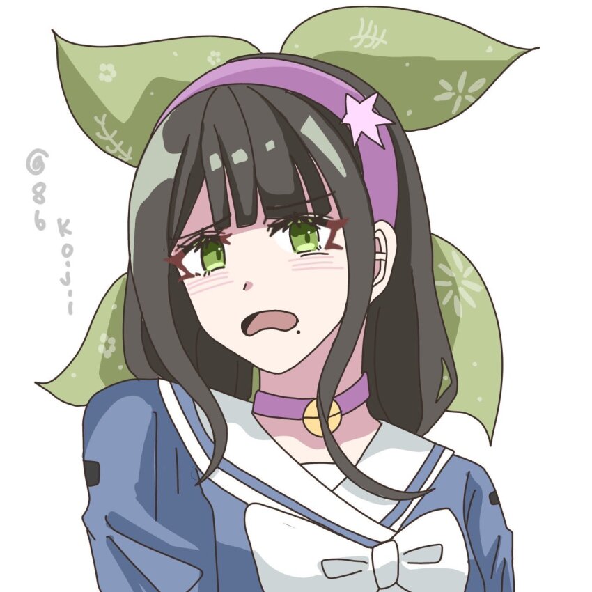 1girl bell black_hair blush bow bowtie chabashira_tenko choker commentary danganronpa_(series) danganronpa_v3:_killing_harmony emoji eyelashes frown green_eyes hair_ribbon hairband highres long_hair looking_at_viewer mole mole_under_mouth neck_bell open_mouth pink_choker pink_hairband pinwheel_hair_ornament portrait ribbon sailor_collar school_uniform shirt shy simple_background solo symbol-only_commentary twintails twitter_username wa_mukoji white_background white_bow white_bowtie