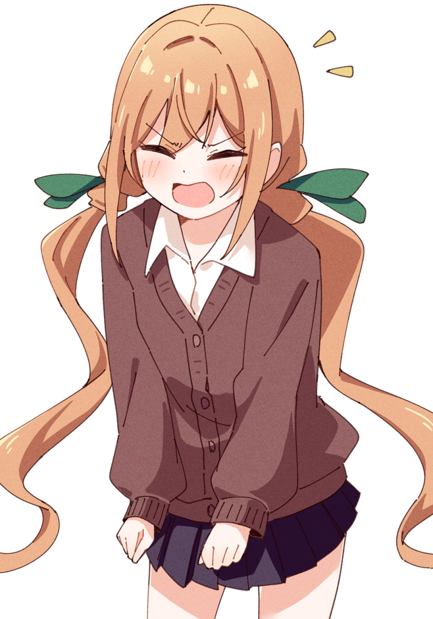 1girl blush brown_cardigan cardigan closed_eyes collared_shirt commentary cowboy_shot green_ribbon hair_ribbon haru_(konomi_150) highres inda_karane kimi_no_koto_ga_dai_dai_dai_dai_daisuki_na_100-nin_no_kanojo long_hair long_sleeves open_mouth orange_hair pleated_skirt purple_skirt ribbon school_uniform shirt simple_background skirt solo twintails v-shaped_eyebrows white_background white_shirt