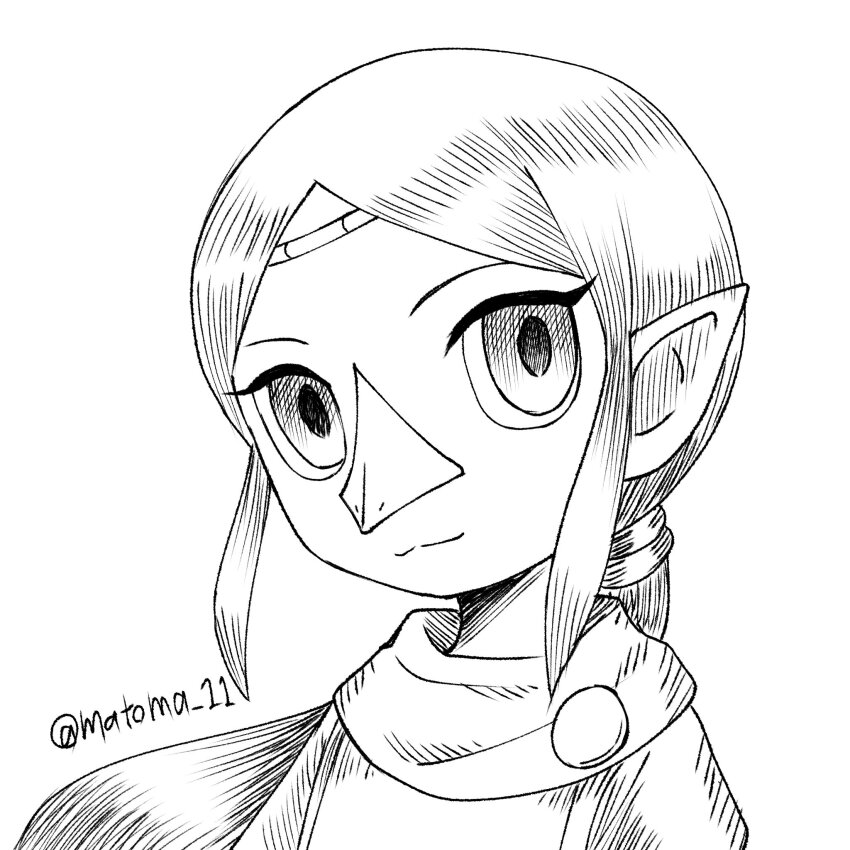 1girl beak circlet commentary_request crosshatching hatching_(texture) highres long_hair matoma_11 medli monochrome nintendo ponytail portrait smile solo the_legend_of_zelda the_legend_of_zelda:_the_wind_waker twitter_username